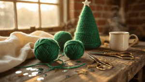 Crafting the Perfect Crochet Christmas Tree: A Cozy Holiday DIY Guide Cinematic close-up of green yarn balls and silver crochet hooks on a rustic wood table, with warm lighting, scattered sequins, vintage scissors, and a cozy atmosphere, showcasing a festive crafting scene.