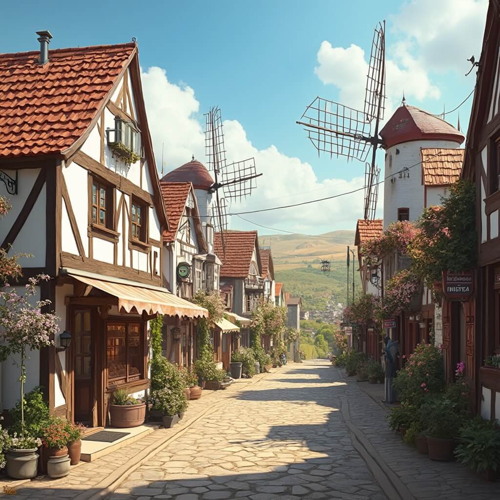 Scandinavian-style village in California wine country with red-tiled roofs, timber-framed buildings, windmills, cobblestone streets, Danish bakeries, colorful flowers, and vineyard hills under warm sunlight