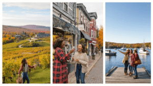 8 Small Towns That'll Make Your Next Girls' Getaway Absolutely Unforgettable "Four diverse women friends laughing and enjoying a picturesque small town adventure, with activities including wine tasting at a vineyard, shopping at colorful boutiques, hiking a mountain trail in autumn, and taking a selfie on a coastal dock with lobster boats, showcasing a mix of bright fall and coastal colors."