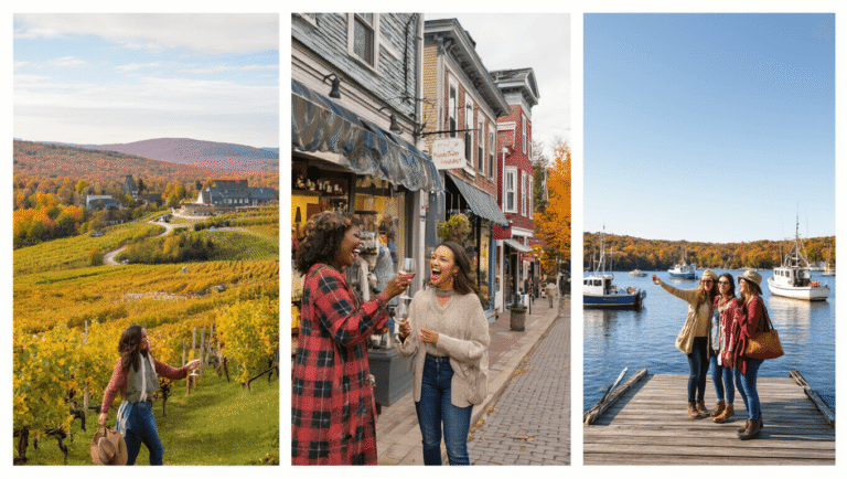 8 Small Towns That'll Make Your Next Girls' Getaway Absolutely Unforgettable "Four diverse women friends laughing and enjoying a picturesque small town adventure, with activities including wine tasting at a vineyard, shopping at colorful boutiques, hiking a mountain trail in autumn, and taking a selfie on a coastal dock with lobster boats, showcasing a mix of bright fall and coastal colors."