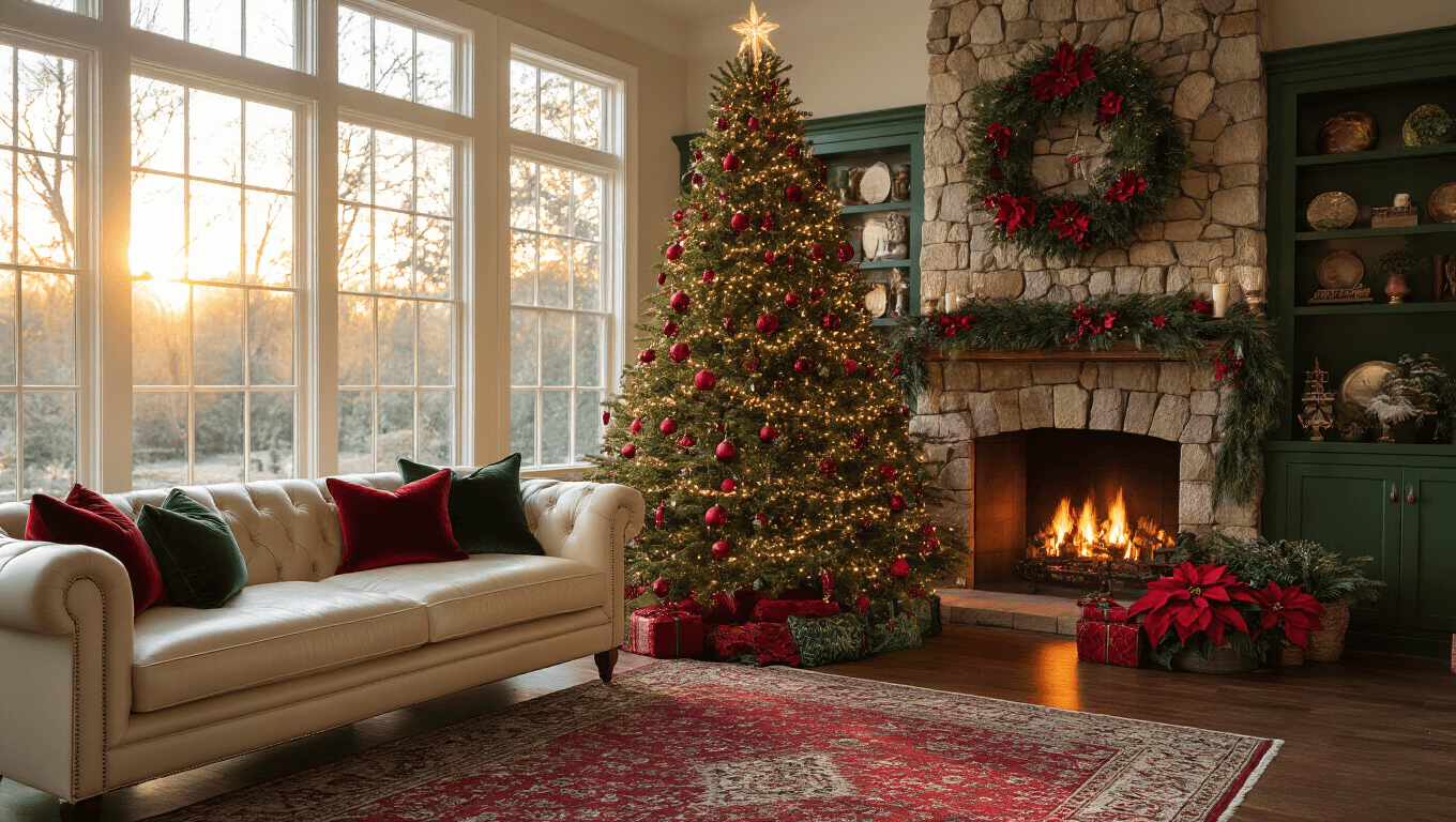 Elegant living room decorated for Christmas with a towering Fraser fir tree adorned with rich velvet ribbons and ornaments, a cozy fireplace, and warm sunlight streaming through bay windows.