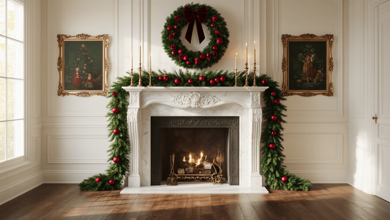 Elegant living room decorated for Christmas, featuring an oversized evergreen wreath with burgundy ribbon above a marble fireplace mantel, flanked by vintage art, draped with a traditional green garland adorned with red glass ornaments, warm candlelight, and a rich emerald and crimson color palette.