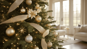 Elegant Christmas Tree Decorations: Transform Your Holiday Space into a Glamorous Wonderland Cinematic wide-angle shot of a grand 8ft Fraser fir Christmas tree decorated with gold and silver ornaments, warm white LED lights, and a crystal star topper in an upscale living room, with sunlight streaming through tall windows and plush cream furniture softly blurred in the background.