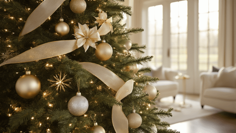 Elegant Christmas Tree Decorations: Transform Your Holiday Space into a Glamorous Wonderland Cinematic wide-angle shot of a grand 8ft Fraser fir Christmas tree decorated with gold and silver ornaments, warm white LED lights, and a crystal star topper in an upscale living room, with sunlight streaming through tall windows and plush cream furniture softly blurred in the background.