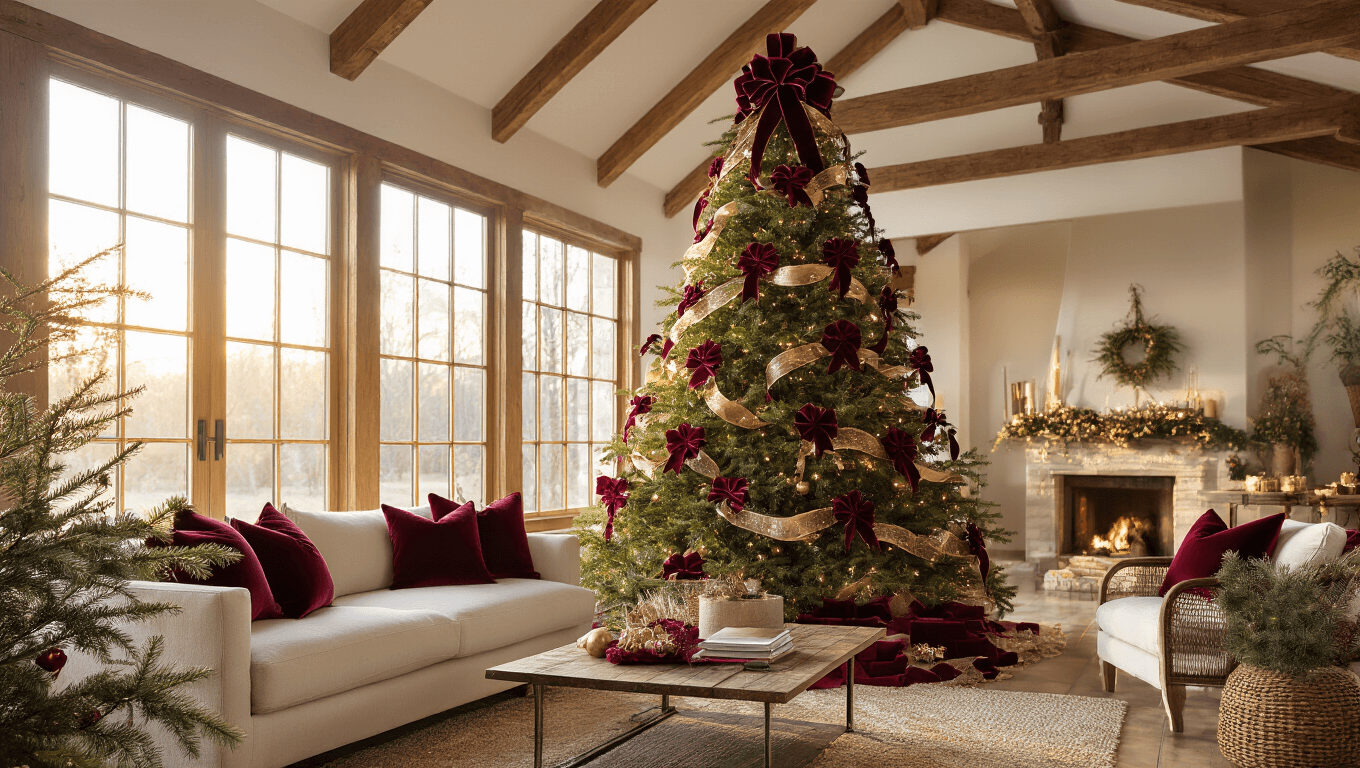Elegant Fraser fir Christmas tree decorated with deep burgundy velvet bows in a cozy living room, featuring warm golden hour light, a cream sectional sofa, and rustic coffee table, showcasing rich textures and a warm crimson and gold color palette.