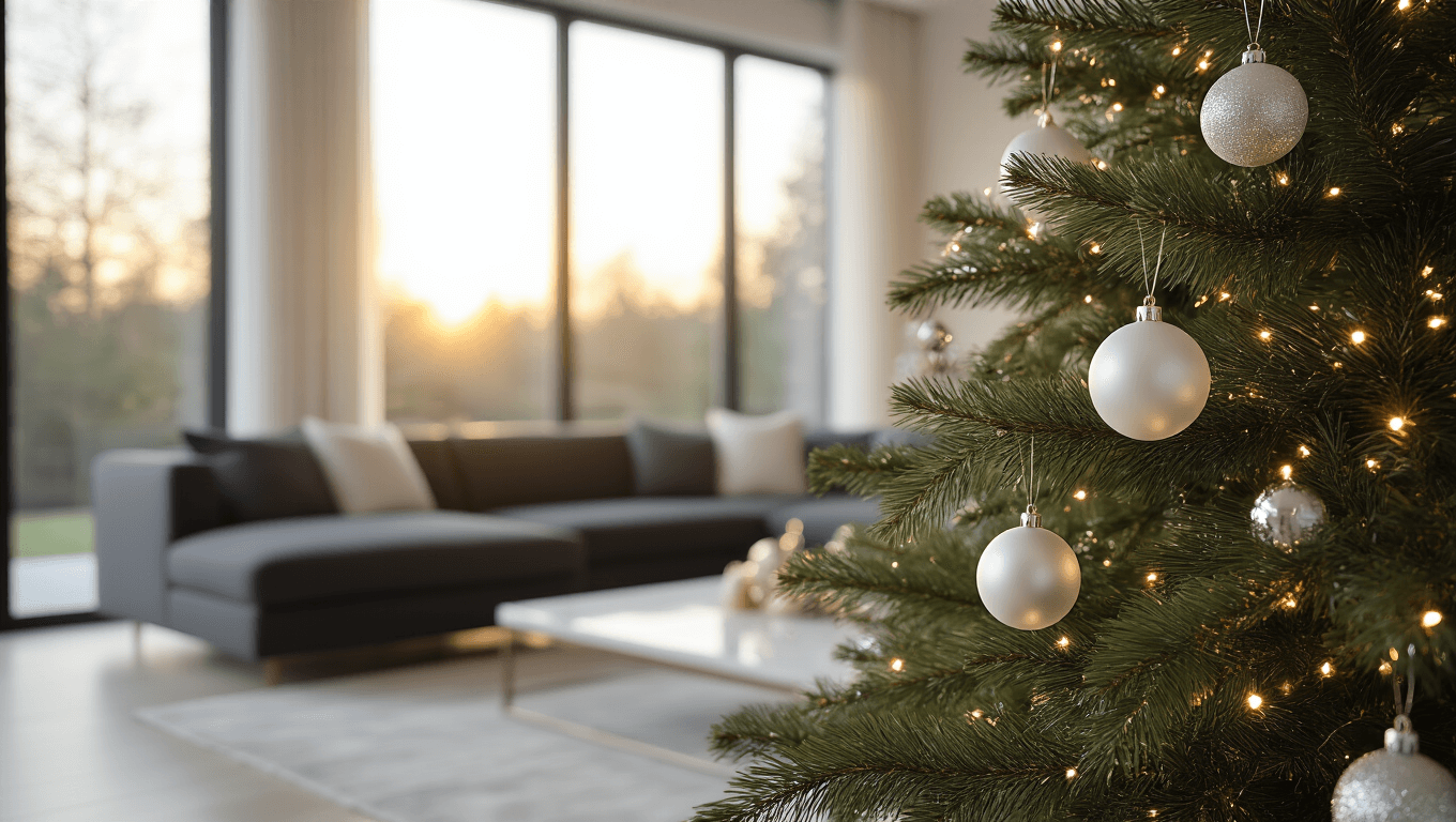 Cinematic wide-angle shot of an elegant Fraser fir Christmas tree adorned with white glass ball ornaments and warm LED string lights in a modern living room, featuring a charcoal sectional sofa and marble coffee table, bathed in soft natural light during golden hour.
