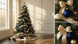 Elegant 8-foot Fraser fir Christmas tree decorated with deep navy velvet ornaments, brushed gold baubles, and sheer champagne ribbon in a cozy living room setting, illuminated by warm golden hour light.