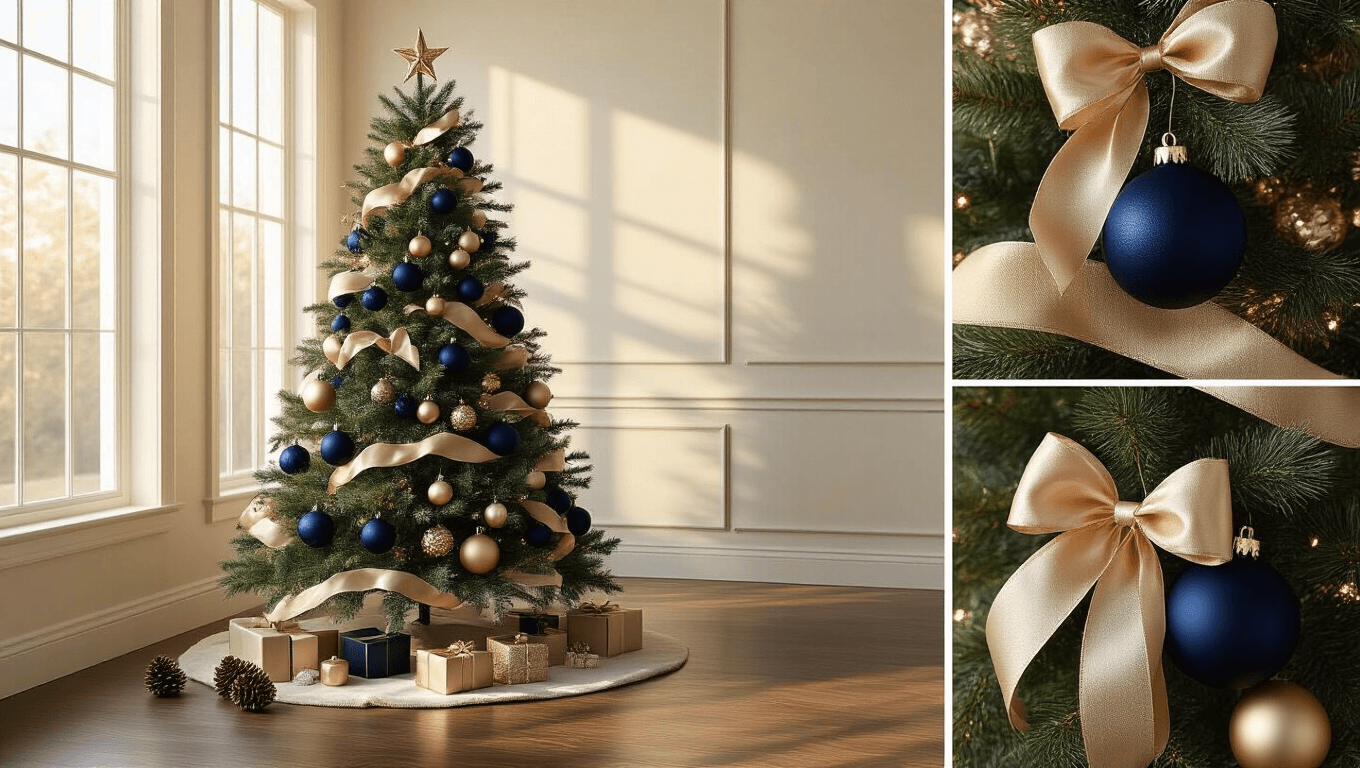 Elegant 8-foot Fraser fir Christmas tree decorated with deep navy velvet ornaments, brushed gold baubles, and sheer champagne ribbon in a cozy living room setting, illuminated by warm golden hour light.