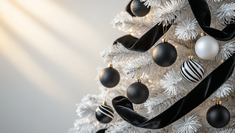 Black and White Christmas Tree: A Modern Holiday Design Statement Cinematic close-up of an elegant white Christmas tree with matte black geometric ornaments and glossy white baubles, illuminated by golden hour lighting, highlighting textures and contrasting deep blacks with pristine whites against a clean white background.