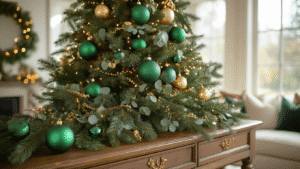 Cinematic close-up of decorating a Christmas tree with emerald and forest green glass ornaments, eucalyptus, and cedar, accented with golden velvet ribbon and warm white lights, set in a cozy living room with cream upholstery and natural wood elements.