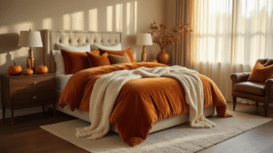 Fall Bedroom Decor: Creating a Cozy Autumn Sanctuary Cinematic wide-angle shot of a luxurious master bedroom at golden hour, featuring a king bed with burnt orange velvet duvet, cream knit throw, polished hardwood floors, brass candlesticks, ceramic vessels with dried oak branches, scattered amber pumpkins, and a cozy reading corner with a tufted chocolate leather chair, all bathed in warm honeyed light.