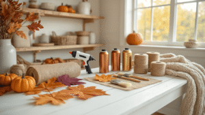 DIY Fall Decor: Transform Your Home with Budget-Friendly Autumn Charm A bright craft room with a white farmhouse table displaying organized DIY fall decor supplies, including a hot glue gun, metallic spray paint, faux autumn leaves, burlap fabric, twine spools, craft paper, and paint brushes, surrounded by warm cream walls and rustic wood accents.