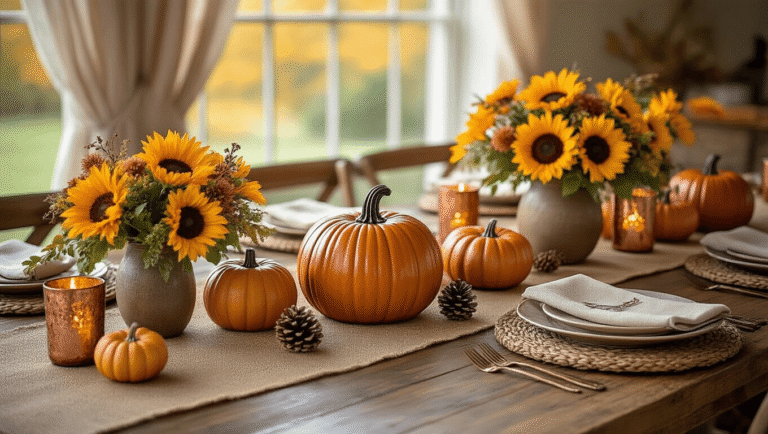 Cozy Fall Table Decor: Transform Your Dining Space with Autumn Elegance Cinematic overhead view of an elegant fall dining table adorned with ceramic pumpkins, sunflower bouquets, and a burlap runner, illuminated by warm afternoon light.