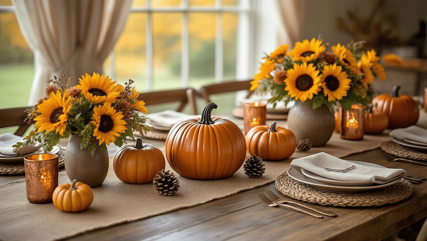 Cinematic overhead view of an elegant fall dining table adorned with ceramic pumpkins, sunflower bouquets, and a burlap runner, illuminated by warm afternoon light.