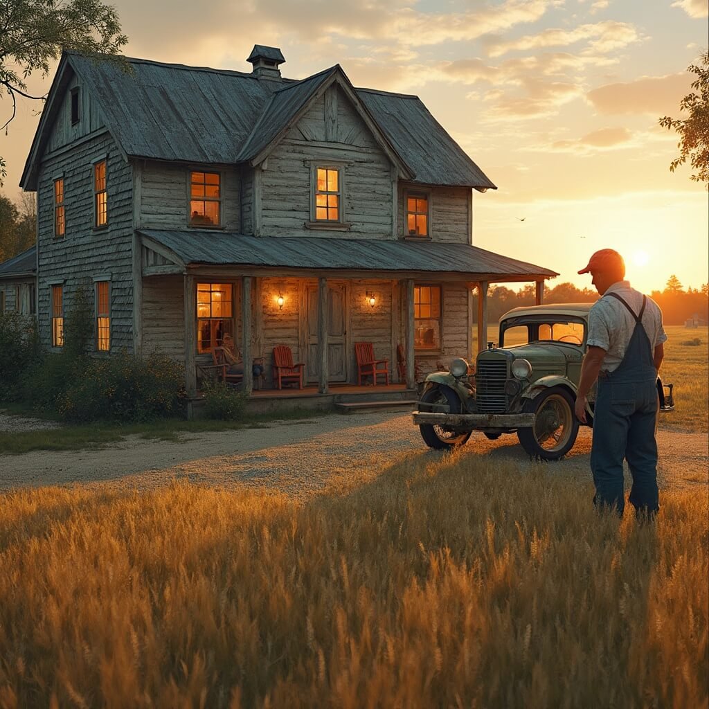 Discover Hidden America: The Ultimate Small Town Road Trip Guide Elderly farmer holding apple pie on the porch of a century-old farmhouse bed and breakfast with glowing windows at dusk, nestled in wheat fields, with a vintage pickup truck in the driveway.