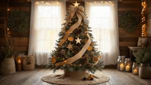 Crafting the Perfect Farmhouse Christmas Tree: A Cozy Holiday Guide A flocked Christmas tree with burlap ribbons and wooden ornaments in a rustic setting, surrounded by warm lights and vintage mason jars, creating a cozy, nostalgic atmosphere.