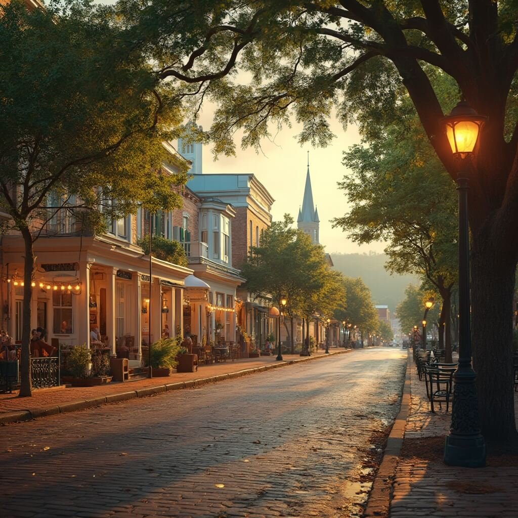 Historic Franklin, Tennessee main street at sunset featuring Southern architecture, church steeples, amber streetlights, café patios, brick sidewalks, magnolia trees, and rolling hills with people strolling in the evening mist.