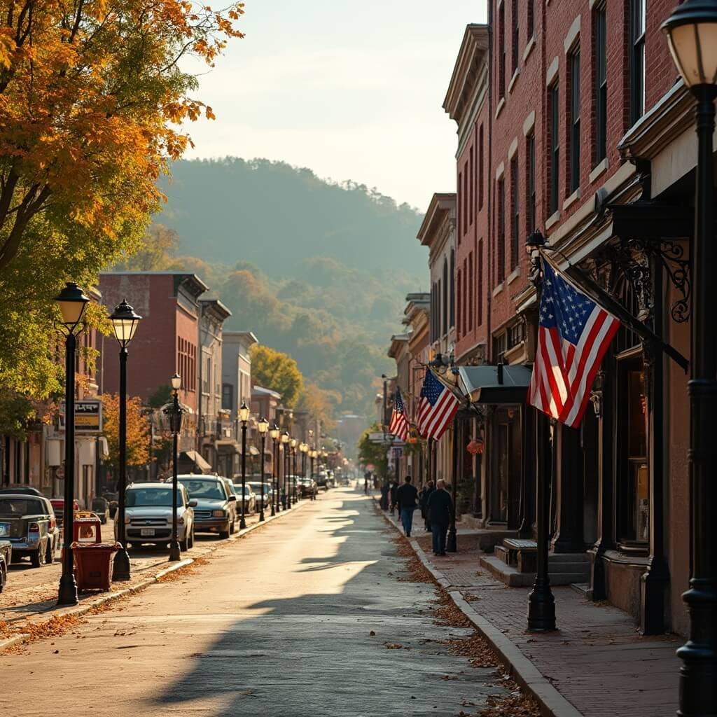 Historic main street in Galena, Illinois with 19th-century red brick buildings, vintage lampposts illuminating cobblestone walkways, rolling green hills in the background, antique wooden storefronts with American flags waving, and autumn leaves scattered along the empty, peaceful streets.