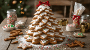 Magical Gingerbread Christmas Tree: Your Ultimate Festive Decor Guide A beautifully crafted edible gingerbread Christmas tree centerpiece on a rustic farmhouse table, featuring graduated star-shaped cookies with royal icing, colorful sprinkles, cinnamon sticks tied with velvet ribbon, and a warm golden hour ambiance.