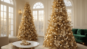 Cinematic wide-angle shot of a luxurious living room featuring a towering 12-foot gold tinsel Christmas tree, adorned with champagne satin ribbons, gold ornaments, and metallic leaves, with warm sunlight streaming through floor-to-ceiling windows, highlighting a deep emerald velvet sofa and marble coffee table on rich walnut hardwood floors.