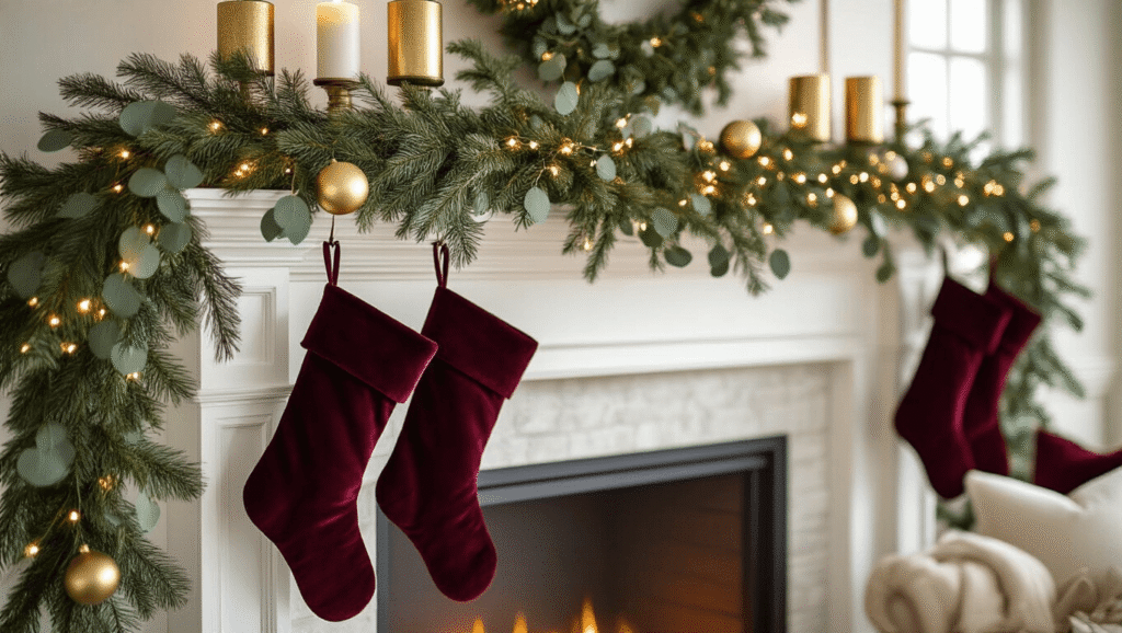 Cozy Christmas Fireplace Decor: Your Ultimate Styling Guide Cinematic low-angle view of an elegant fireplace mantel adorned with layered eucalyptus and faux pine garland, warm globe string lights, burgundy velvet stockings, and metallic gold candleholders, set against a cream linen sectional in a cozy holiday atmosphere during golden hour.