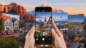 "Hands holding a smartphone displaying Instagram feed featuring photos of picturesque small towns in America - Sedona, Nantucket, Leavenworth, Bar Harbor, and Marfa, with their respective landscapes blurred in the background."