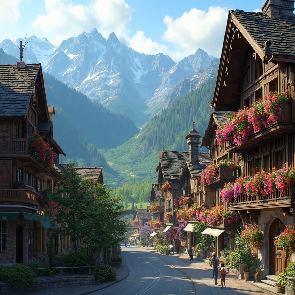 Bavarian-style alpine architecture in Leavenworth, Washington with ornate wooden buildings, colorful flower-filled window boxes, and snow-capped mountains in the crisp early morning light