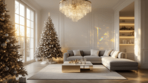 Ultimate Guide to Christmas Tree Wallpapers: Transform Your Digital Space A luxurious modern Christmas living room with a minimalist tree, warm golden hour sunlight, elegant gray sectional sofa, a sleek coffee table, and a crystal chandelier, creating an inviting atmosphere.