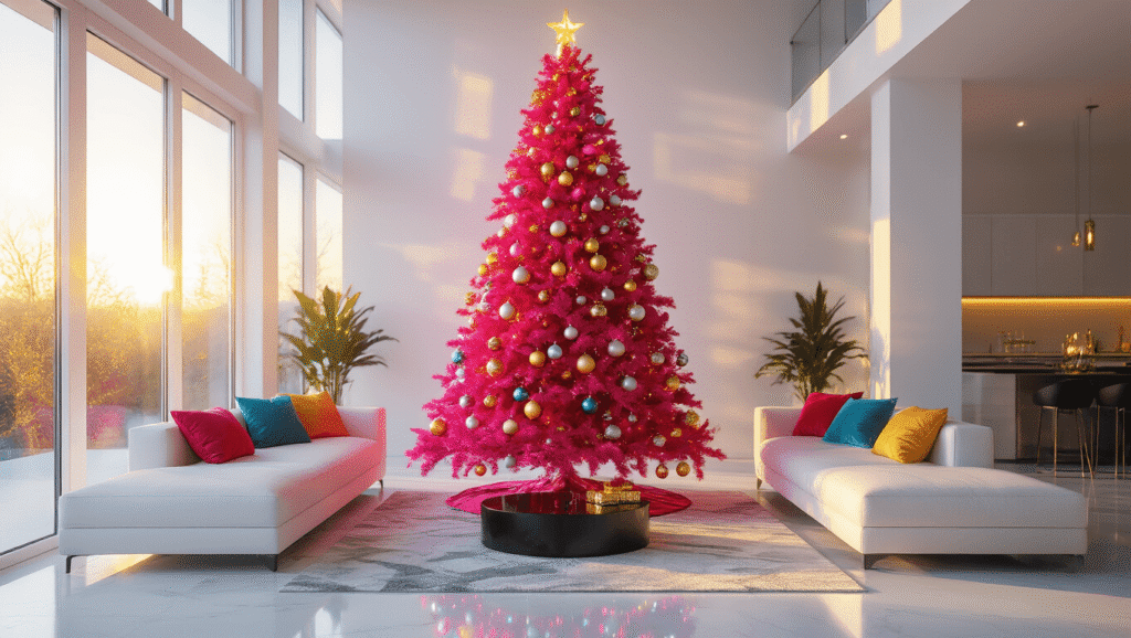 A vibrant hot magenta Christmas tree adorned with metallic gold and silver ornaments stands as the centerpiece in a luxurious modern living room, illuminated by golden hour sunlight through floor-to-ceiling windows, with colorful throw pillows on a white sectional, a glossy black coffee table, and a geometric area rug on marble flooring, all contributing to a cozy holiday ambiance.