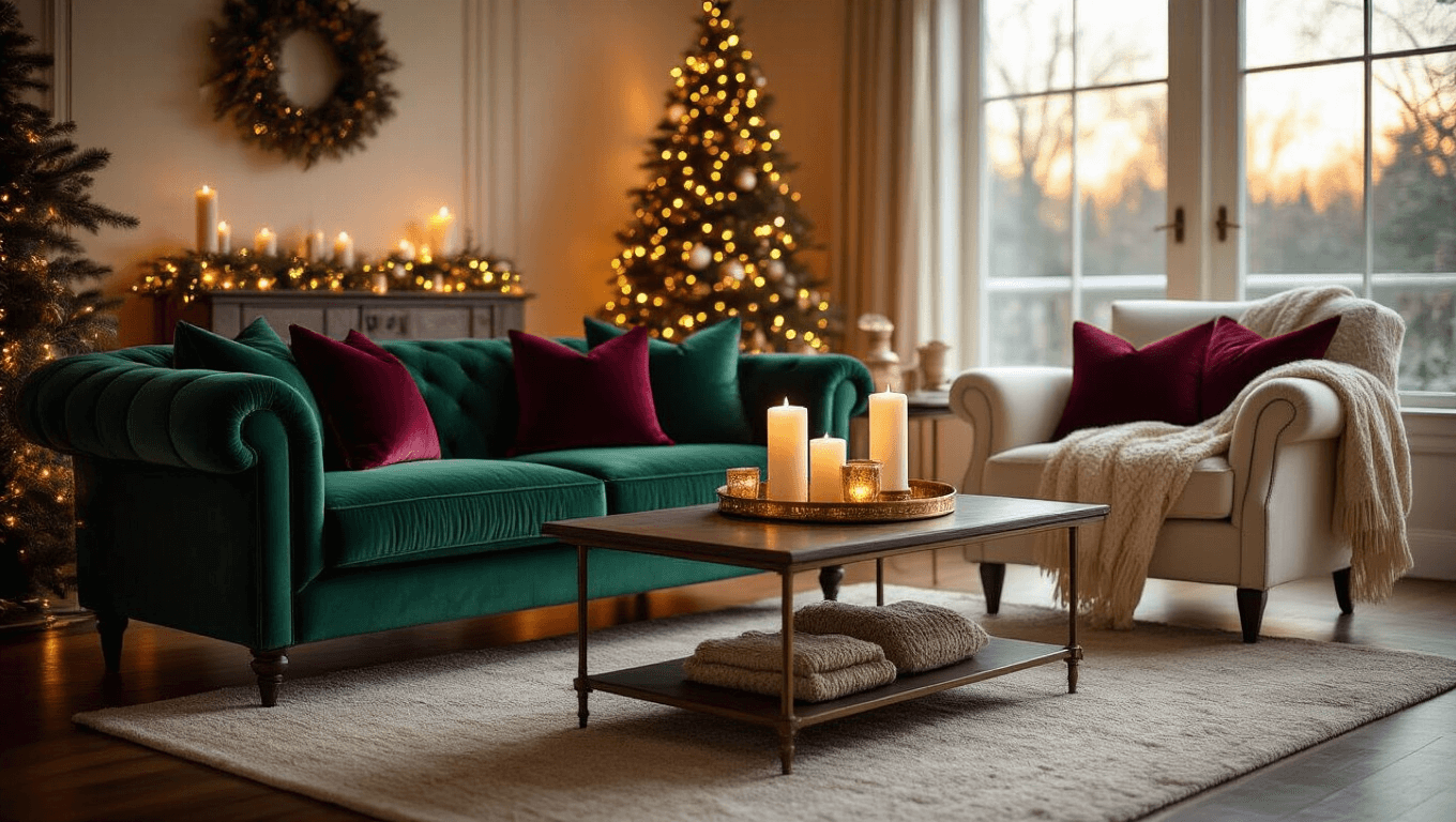 Luxurious holiday living room featuring an emerald velvet sofa with burgundy pillows, cream boucle armchair, and dark walnut coffee table adorned with pillar candles and fairy lights, creating a warm and inviting atmosphere.