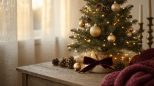 A charming mini Christmas tree adorned with gold baubles and fairy lights on a rustic wooden desk, illuminated by warm sunlight, surrounded by cozy decor and festive crafting supplies.