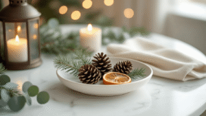 Photorealistic minimalist Christmas tablescape featuring a white ceramic dish with pine cones, eucalyptus, dried orange slice, and a flickering tea light candle on a clean white marble surface, with soft warm lighting and a blurred matte bronze lantern in the background.