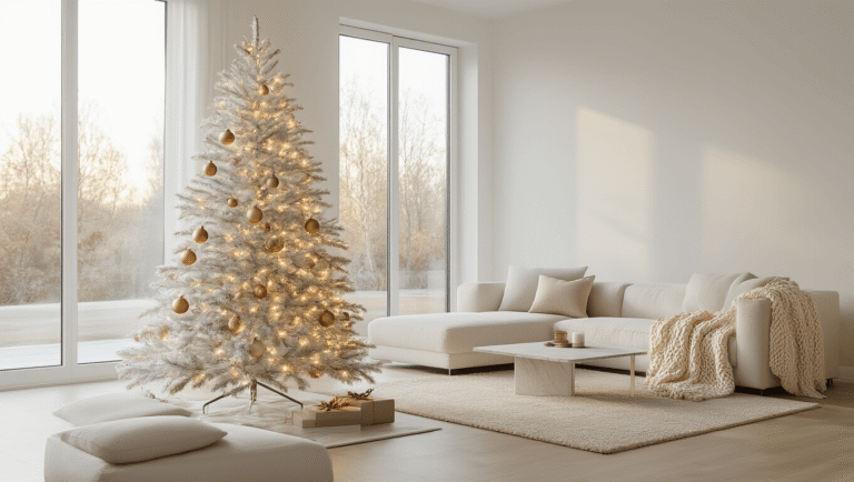 Minimalist Christmas Tree: The Ultimate Guide to Modern, Effortless Holiday Styling A minimalist Christmas tree adorned with warm golden LED lights and neutral ornaments stands elegantly in a modern living room featuring a cream sectional sofa, marble coffee table, and light oak floors, all bathed in soft morning light.