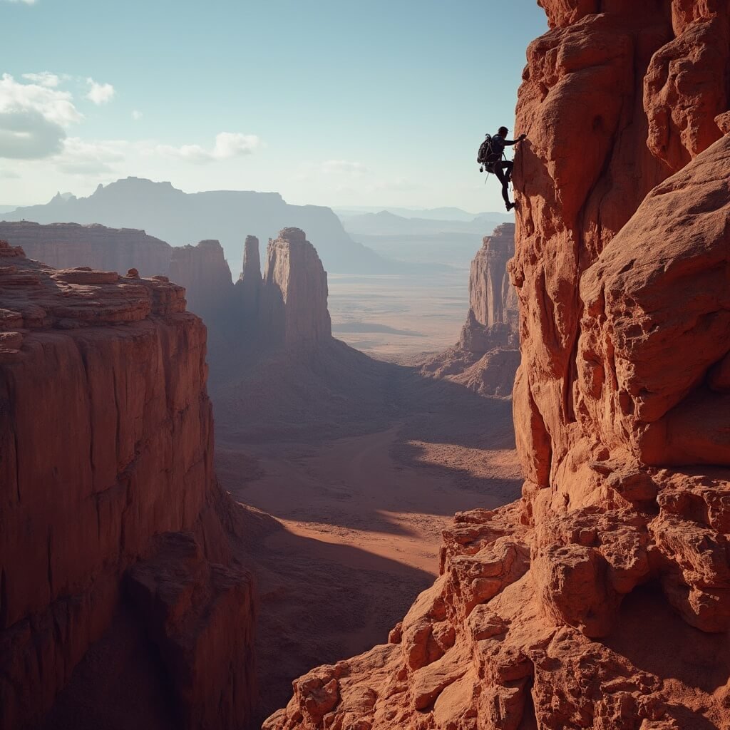 Rock climber scaling a sandstone cliff in the red rock desert of Moab, Utah, in early morning light with distant mesas in the background