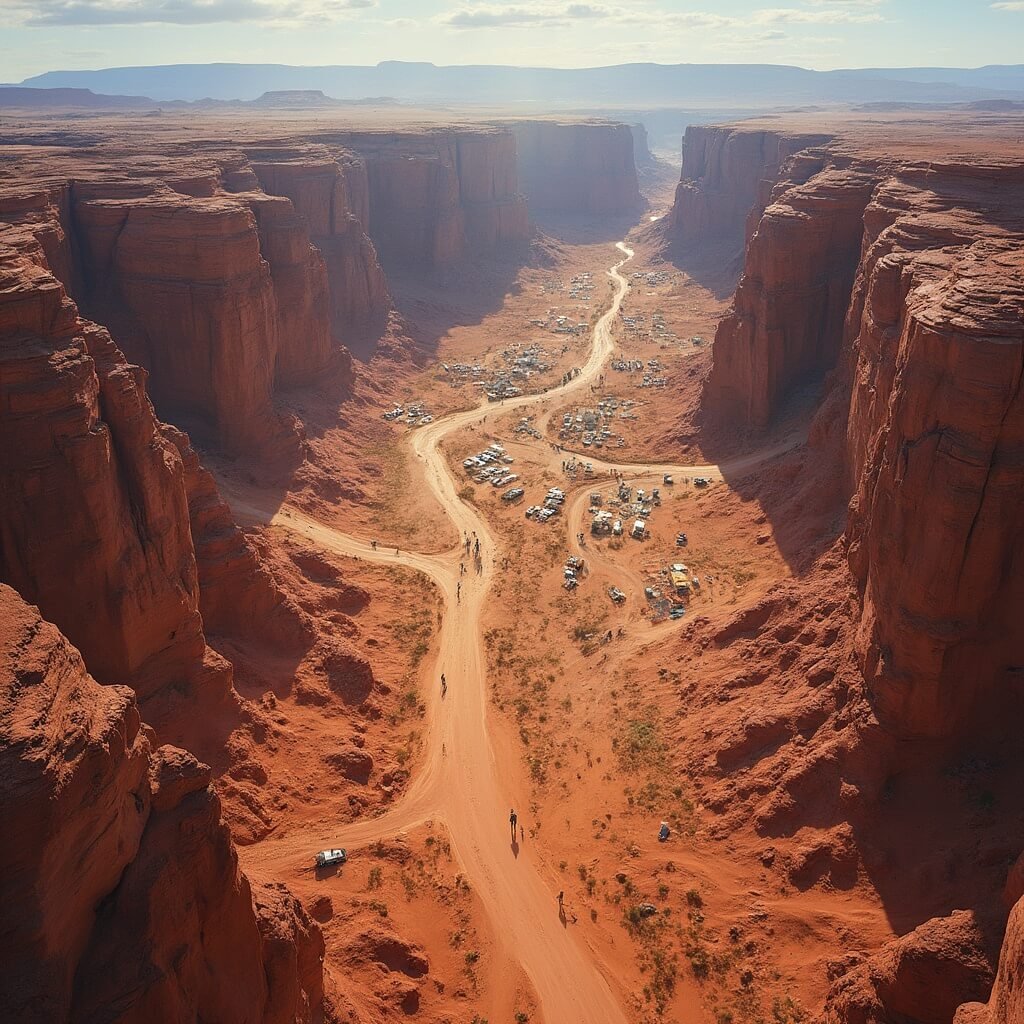 Aerial view of Moab Utah with red rock formations, numerous camping spaces, RV parks, hiking trails, off-road vehicle tracks, desert soil crusts, contrasting tourist infrastructure, and signs of environmental impact due to tourism