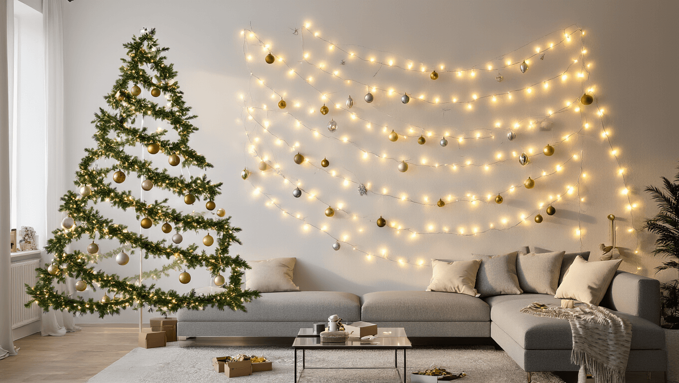 A modern living room with a wall-mounted Christmas tree made of white LED string lights, adorned with emerald garland and gold and silver ornaments, illuminated by warm golden hour light. A gray sectional sofa and glass coffee table filled with craft supplies complete the cozy festive scene.
