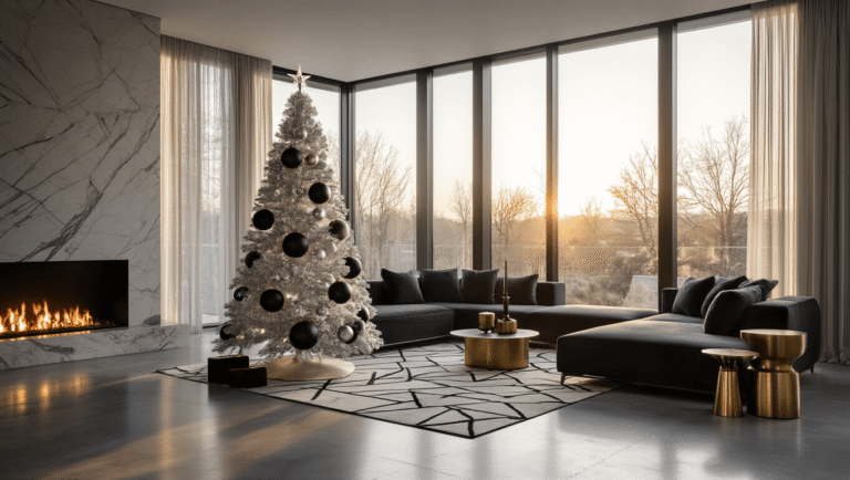 Modern Christmas Trees: A Design Lover's Guide to Festive Focal Points A contemporary living room with a brushed silver geometric Christmas tree, oversized black and gold ornaments, and a minimalist design, illuminated by golden hour light streaming through large windows.