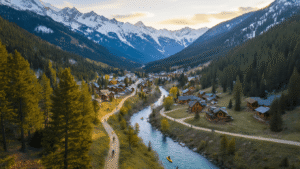 "Aerial view of a small mountain town with snow-capped peaks, pine forests, hiking trails, river, outdoor enthusiasts, and wooden cabins during golden hour, in ultra-high definition."