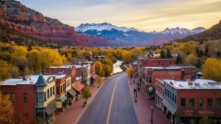 "Aerial view of a charming small American town nestled in mountains, featuring Victorian buildings, winding river, tree-lined streets, local signage, town folk, with golden hour lighting."