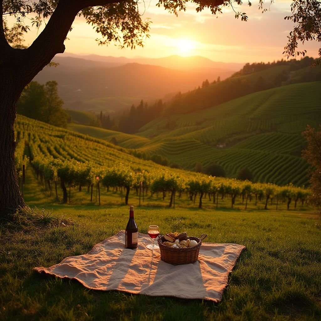 Discover America's Most Swoon-Worthy Small Towns: Your Ultimate Romantic Escape Guide Couple's picnic setup in a romantic Napa Valley vineyard during golden hour, with rows of lush grapevines, terraced hills, oak trees, and distant mountains against an orange and pink sky