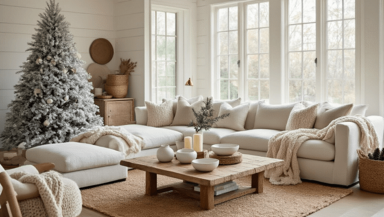 Neutral Christmas Decor: Create a Serene and Stylish Holiday Haven Spacious living room with a flocked white Christmas tree, neutral linen sectional with chunky knit throws and cashmere pillows, reclaimed oak coffee table with white ceramic bowls and eucalyptus, jute rug, warm white shiplap walls, and cozy holiday accents.