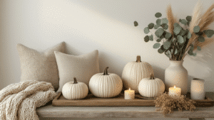 Cinematic interior shot of sophisticated neutral fall decor arrangement featuring cream pumpkins, dried eucalyptus, chunky knits, and warm candles on a weathered wood surface, captured in golden hour light with soft shadows, emphasizing organic shapes and muted earth tones.