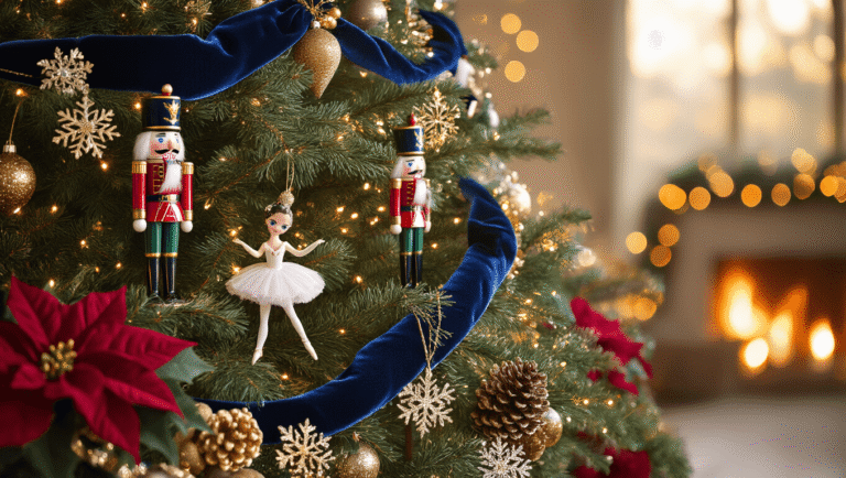 How to Create a Magical Nutcracker Christmas Tree: A Step-by-Step Styling Guide Cinematic close-up of emerald pine branches decorated with nutcracker soldier figurines, porcelain ballerina ornaments, navy blue velvet ribbon, and warm golden hour lighting, surrounded by twinkling LED lights, deep red velvet poinsettias, and gold-dusted pine cones in a cozy holiday setting.