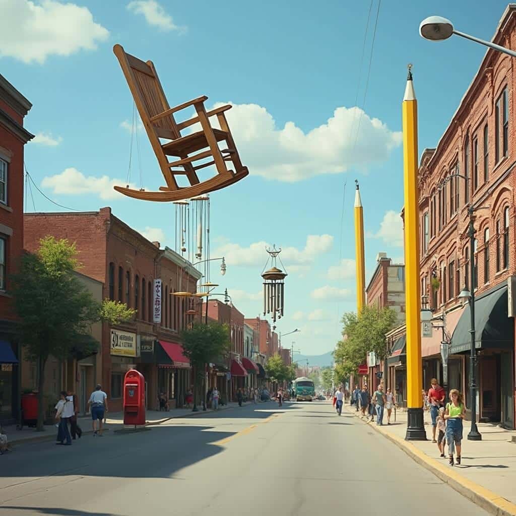 Giant roadside attractions including a towering wooden rocking chair, a gigantic wind chime, a colossal red mailbox, and an enormous yellow pencil, surrounding midwestern town buildings with locals walking under a clear sky.