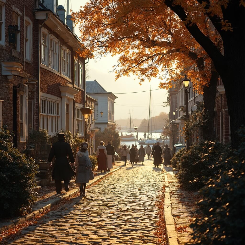 Walkable Small Towns: Where Every Step Tells a Story (And Saves Your Wallet) Cobblestone street in Portsmouth, New Hampshire during golden hour with 18th-century colonial buildings, docks with sailing boats, and pedestrians in period clothing under autumn oak trees