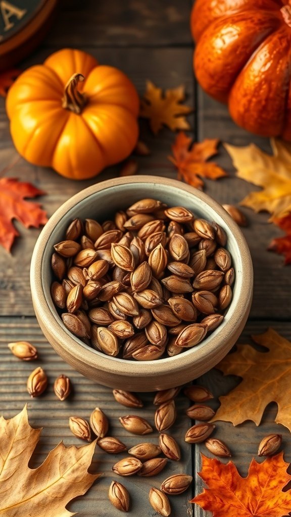 30 Delicious Fall Snack Ideas to Savor This Season A bowl of spicy pumpkin seeds surrounded by autumn leaves and pumpkins.