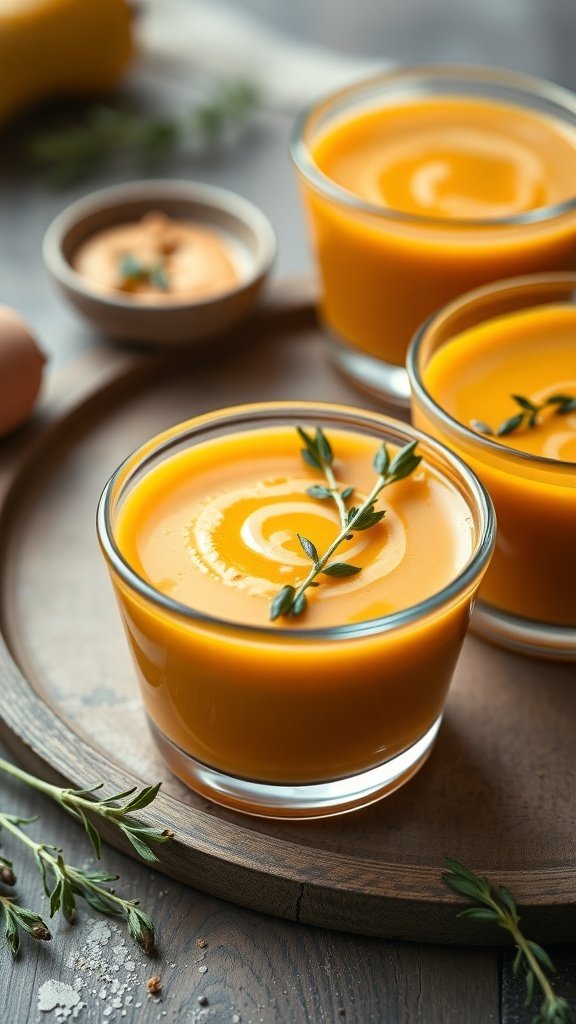30 Delicious Fall Snack Ideas to Savor This Season Three glass cups of butternut squash soup garnished with thyme on a wooden tray.