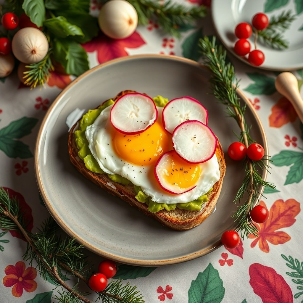 30 Delightful Dishes for the Perfect Christmas Brunch A plate of egg and avocado toast topped with radishes, surrounded by festive decorations for Christmas brunch.