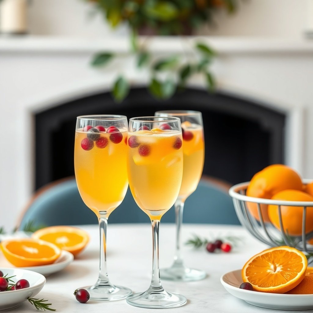 30 Delightful Dishes for the Perfect Christmas Brunch Three glasses of mimosas with cranberries and oranges on a festive table