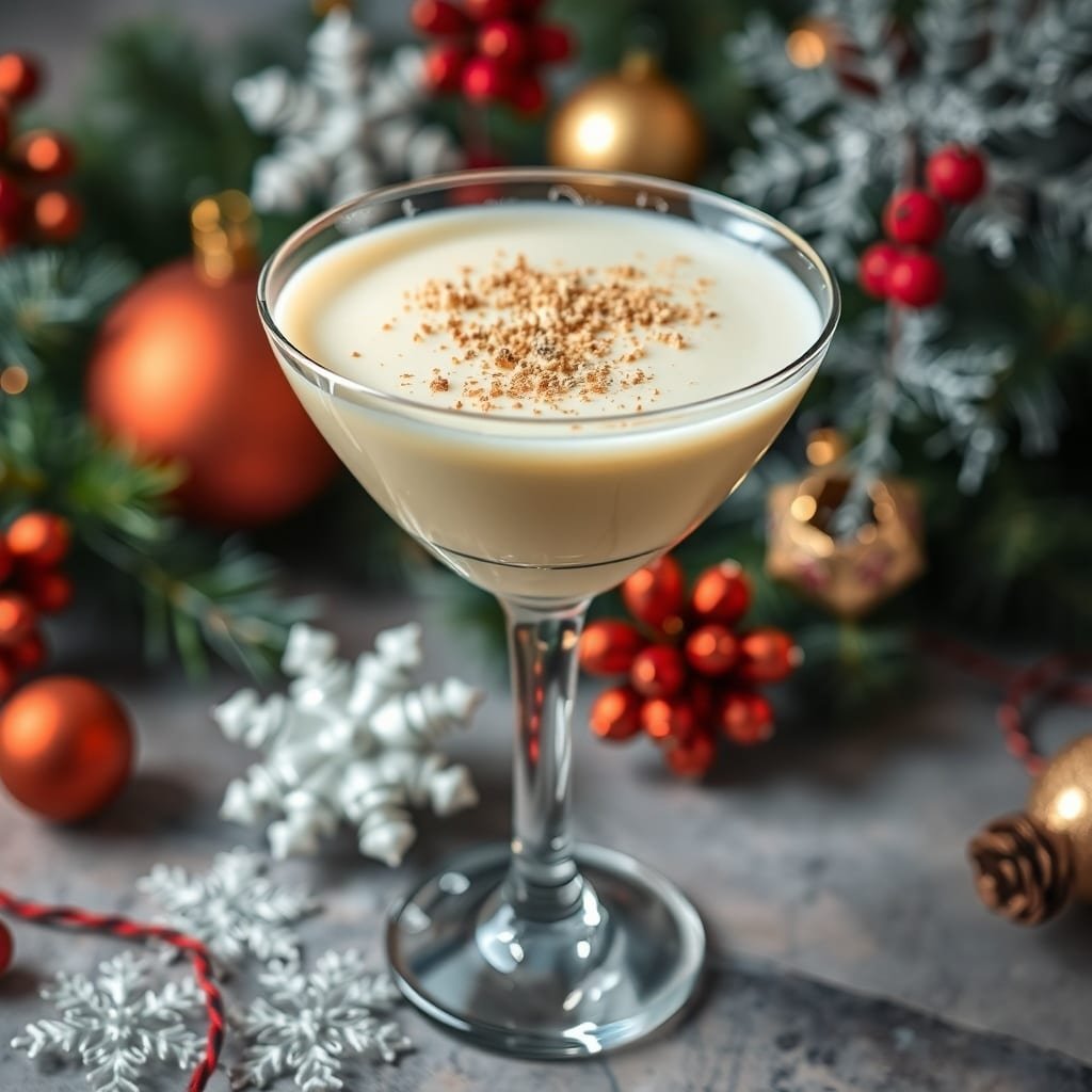 A festive Eggnog Martini garnished with nutmeg, surrounded by Christmas decorations. Christmas Cocktails